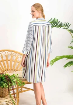 Rochie damă până la genunchi cu guler clasic și mânecă 3/4, model în dungi multicolore