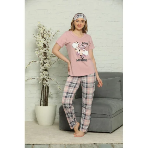 Pijama de Primăvară pentru Dama cu Masca de Dormit, maneca scurta, pantaloni lungi, Imprimeu Good Morning, roz