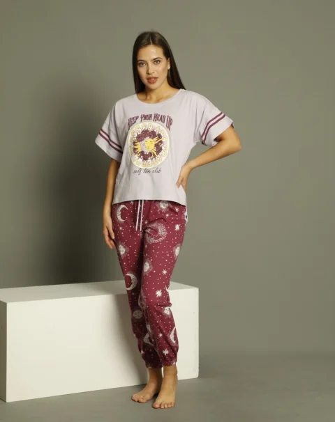 Pijama damă, cu mânecă scurtă  și pantaloni lungi din bumbac, imprimeu Blessed And Grateful