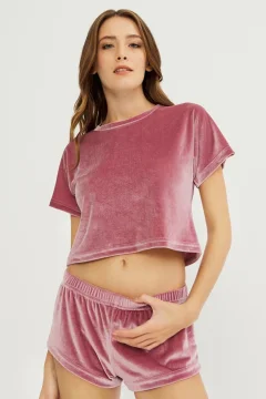 Set damă Cottonhill, tricou și short din catifea, Roz Pudra