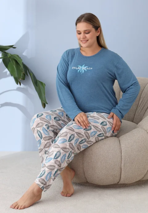Pijama damă big size albastru, imprimeu Palm Beach, 100% bumbac