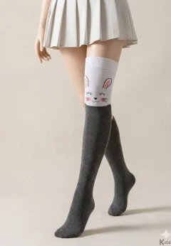 Șosete Damă Peste Genunchi cu Iepuraș – Gri și Alb