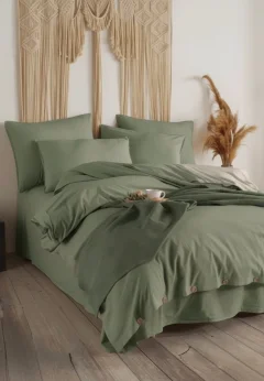 Set Lenjerie de Pat Dublu cu Nasturi din Lemn – Kaki