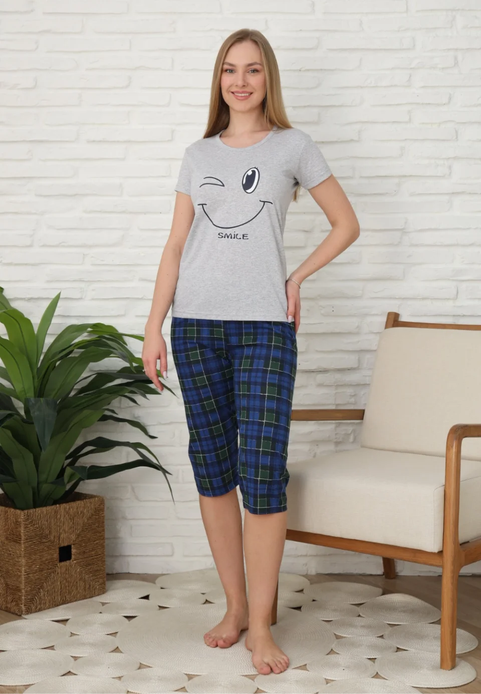 Pijama familie-damă, bumbac, mânecă scurtă și pantaloni 3/4, culoare gri