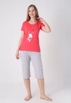 Pijama damă cu model de Paște, roz – tricou bumbac și pantaloni 3/4