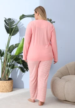 Pijama damă big size roz piersică, imprimeu Happy Saturday, 100% bumbac