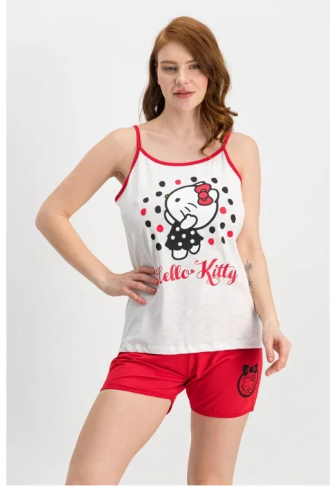 Pijama damă „Hello Kitty” – maiou alb și pantaloni scurți roșii, 100% bumbac