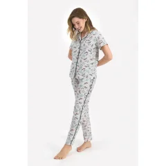 Pijama dama bumbac, bluza cu nasturi, maneca scurta si pantaloni lungi, imprimeu cu flori