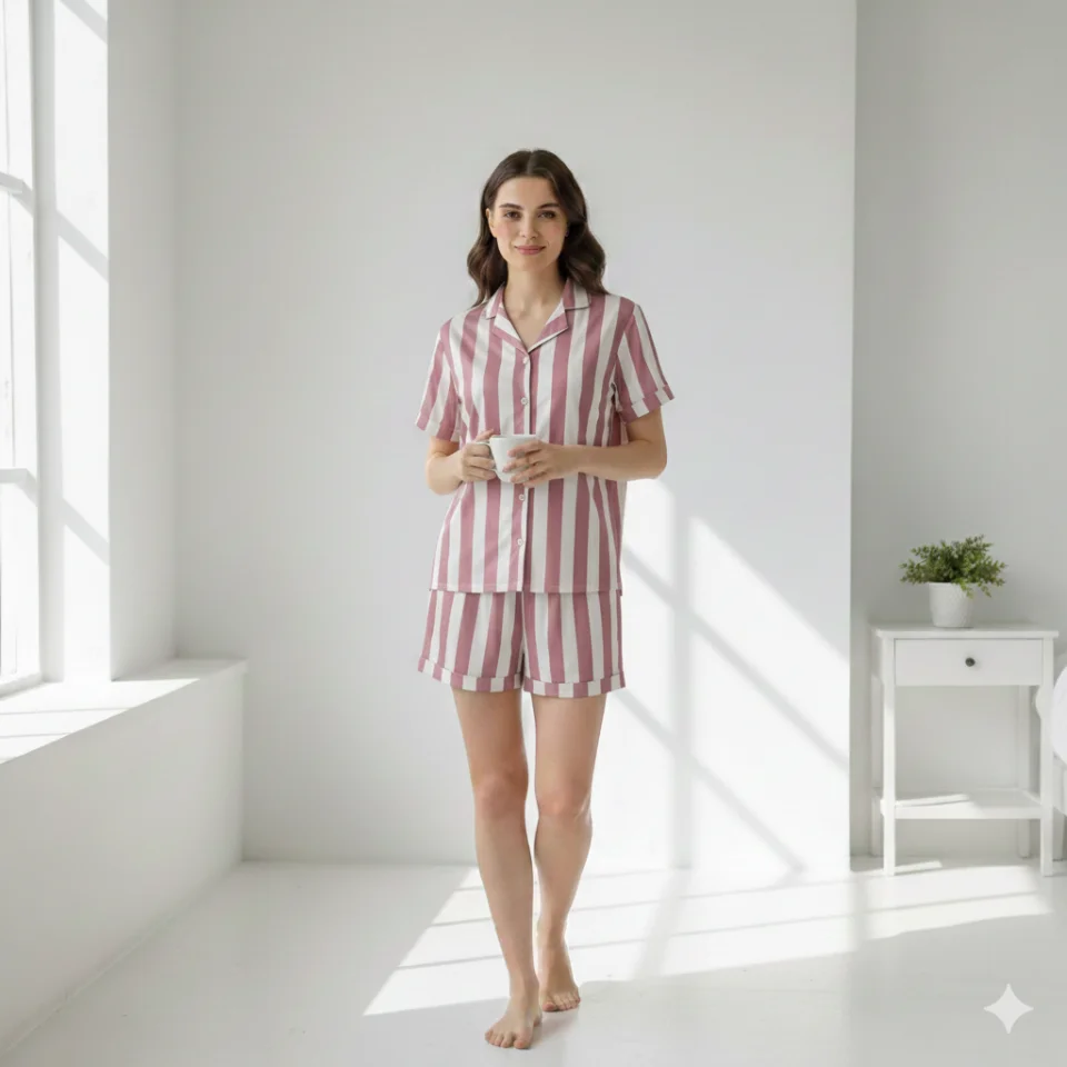 Pijama damă cu bluză cu nasturi, mânecă scurtă și pantaloni scurți, imprimeu cu dungi, roz/alb