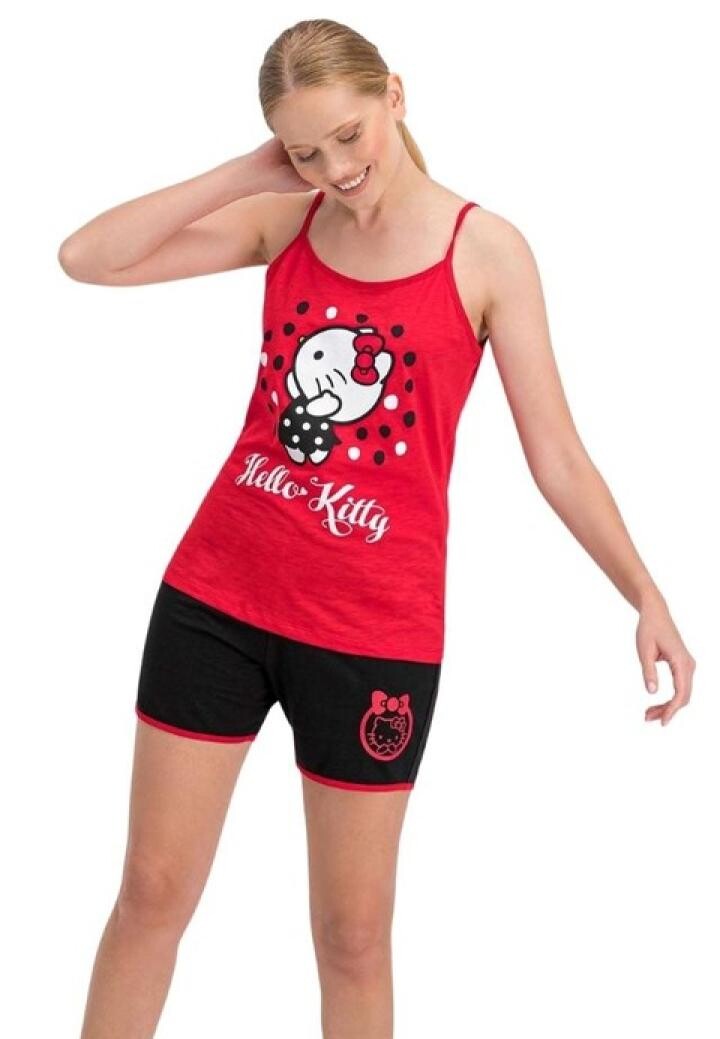 Pijama damă „Hello Kitty” – maiou roșu și pantaloni scurți negri, 100% bumbac