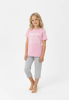 Pijama fete Paște, Roz – tricou bumbac 100% și pantaloni 3/4