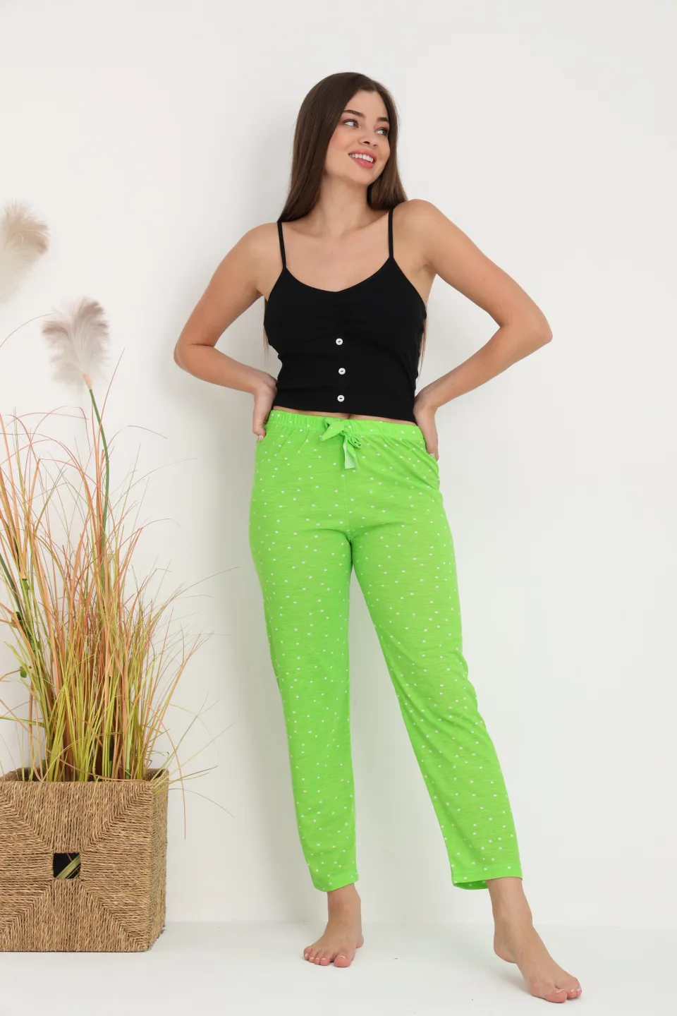 Pantaloni de pijama damă verde aprins cu puncte albe