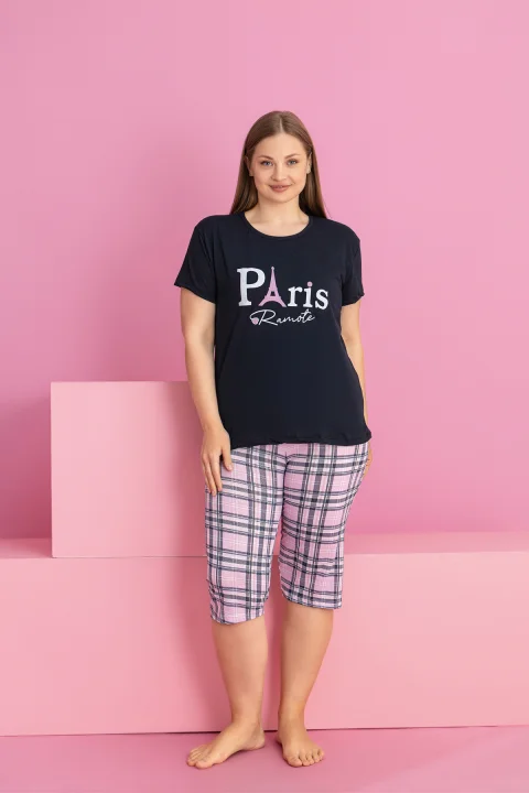 Pijama damă bumbac mărime mare – Set 2 piese: tricou + pantaloni 3/4 imprimeu PARIS