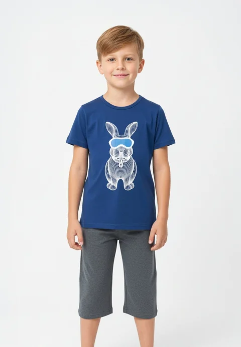 Pijama băieți Paște, albastru – tricou bumbac 100% și pantaloni