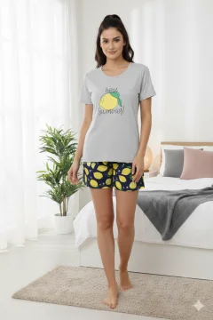 Pijama dama Big Size din bumbac, imprimeu ,,Hey Summer!'', maneca scurta si scurti, gri