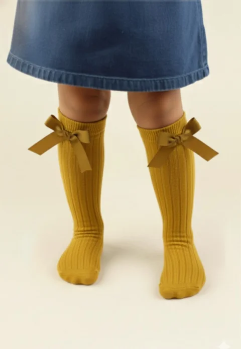 Șosete fetițe 3/4, bumbac, cu fundiță decorativă- galben muștar