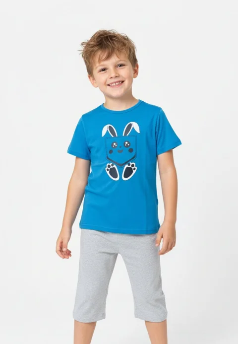 Pijama băieți Paște, albastru – tricou bumbac 100% și pantaloni