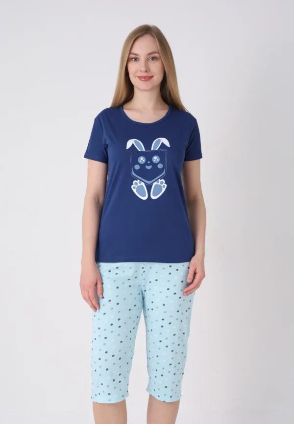 Pijama damă cu model de Paște, albastru – tricou bumbac și pantaloni 3/4