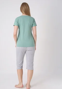 Pijama damă cu model de Paște, verde – tricou bumbac și pantaloni 3/4