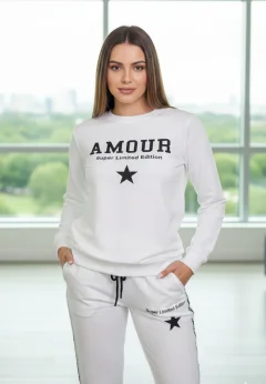 Trening damă alb din 2 piese – pantaloni și bluză cu imprimeu Super Limited Edition, 100% bumbac
