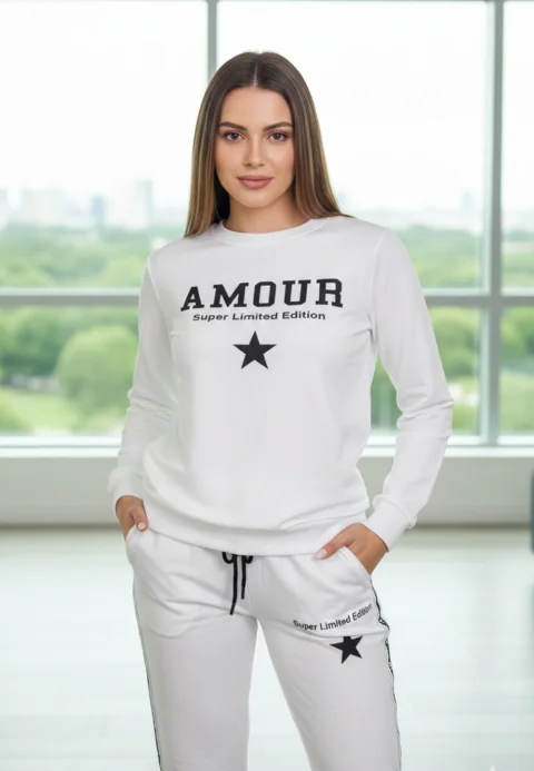 Trening damă alb din 2 piese – pantaloni și bluză cu imprimeu Super Limited Edition, 100% bumbac