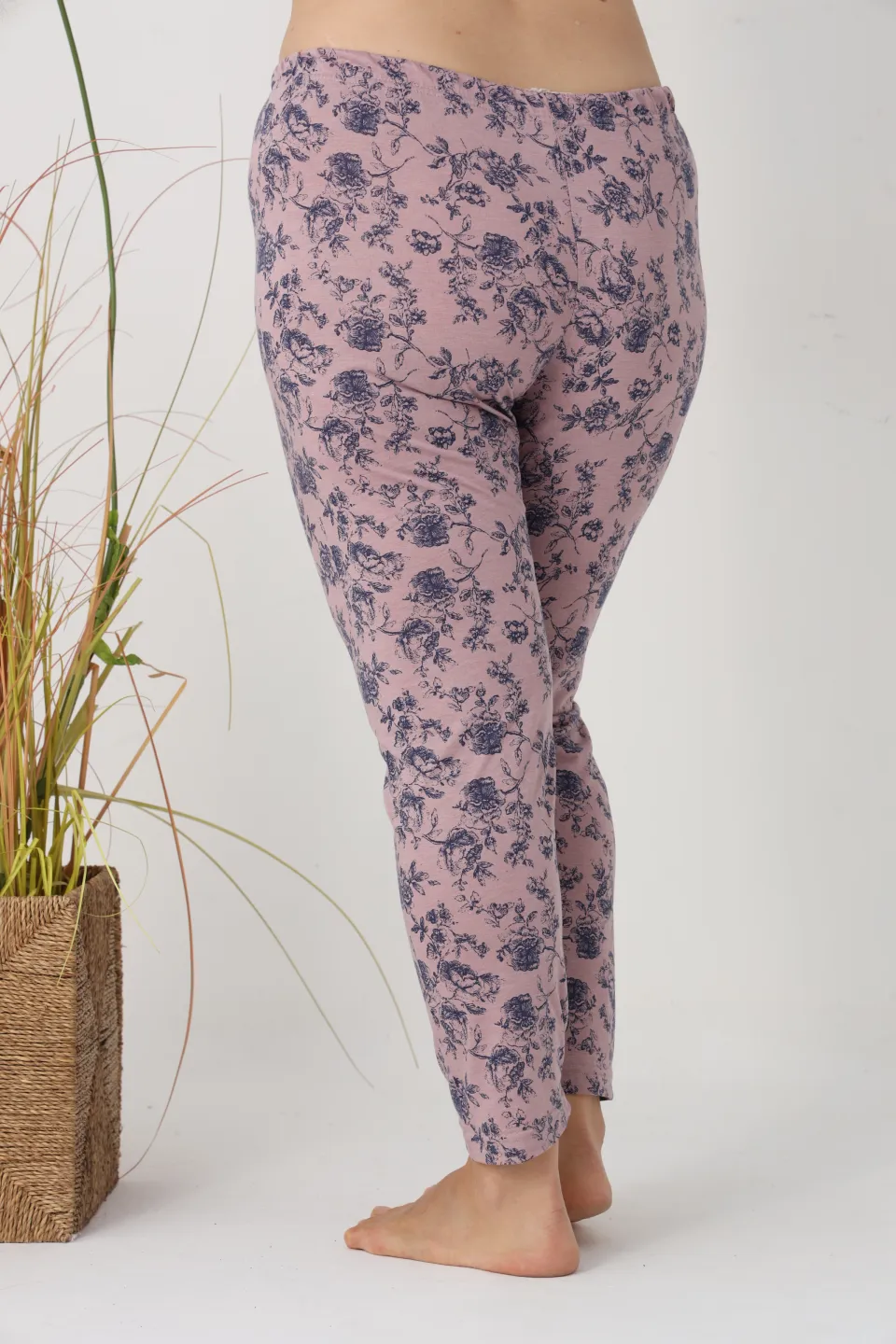 Pantaloni de pijama damă Big Size, roz cu flori albastre