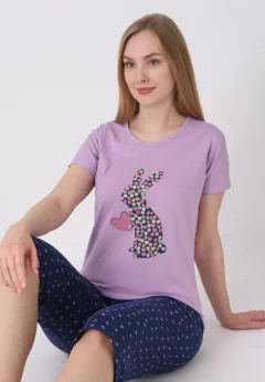 Pijama damă cu model de Paște, mov – tricou bumbac și pantaloni 3/4