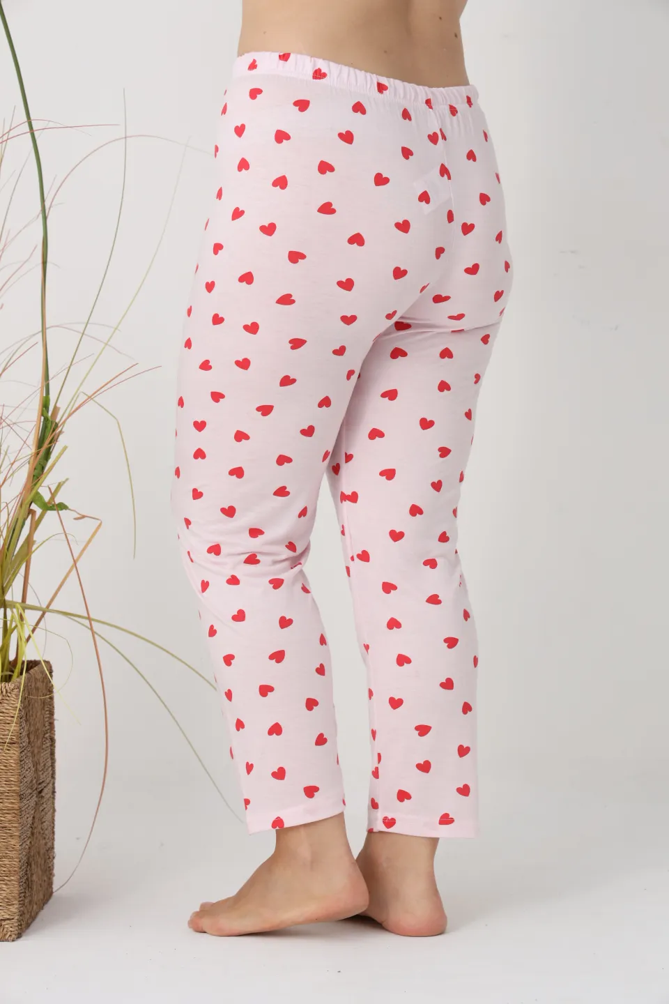 Pantaloni de pijama damă Big Size, roz cu inimioare roșii