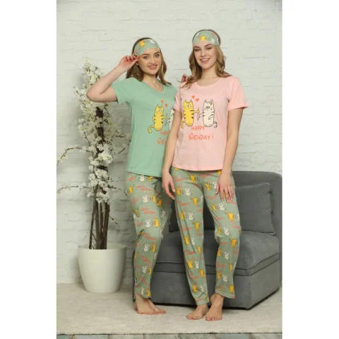 Pijama Dama din Bumbac – Set cu Tricou și Pantaloni Lungi si Masca de Dormit, imprimeu Happy Birthday, roz