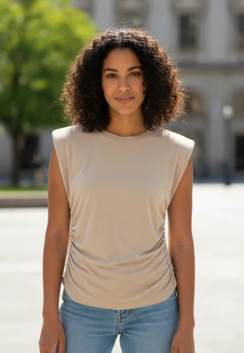 Tricou damă fără mâneci crem cu pense elastice laterale