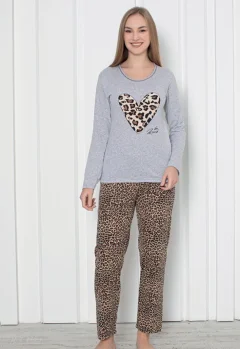 Pijama damă  cu mânecă lungă și pantaloni lungi, imprimeu inimă, culoare gri