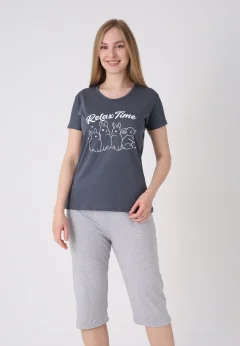 Pijama damă cu model de Paște, gri – tricou bumbac și pantaloni 3/4