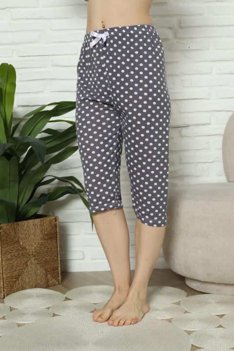 Pantaloni pijama damă 3/4, gri, imprimeu buline