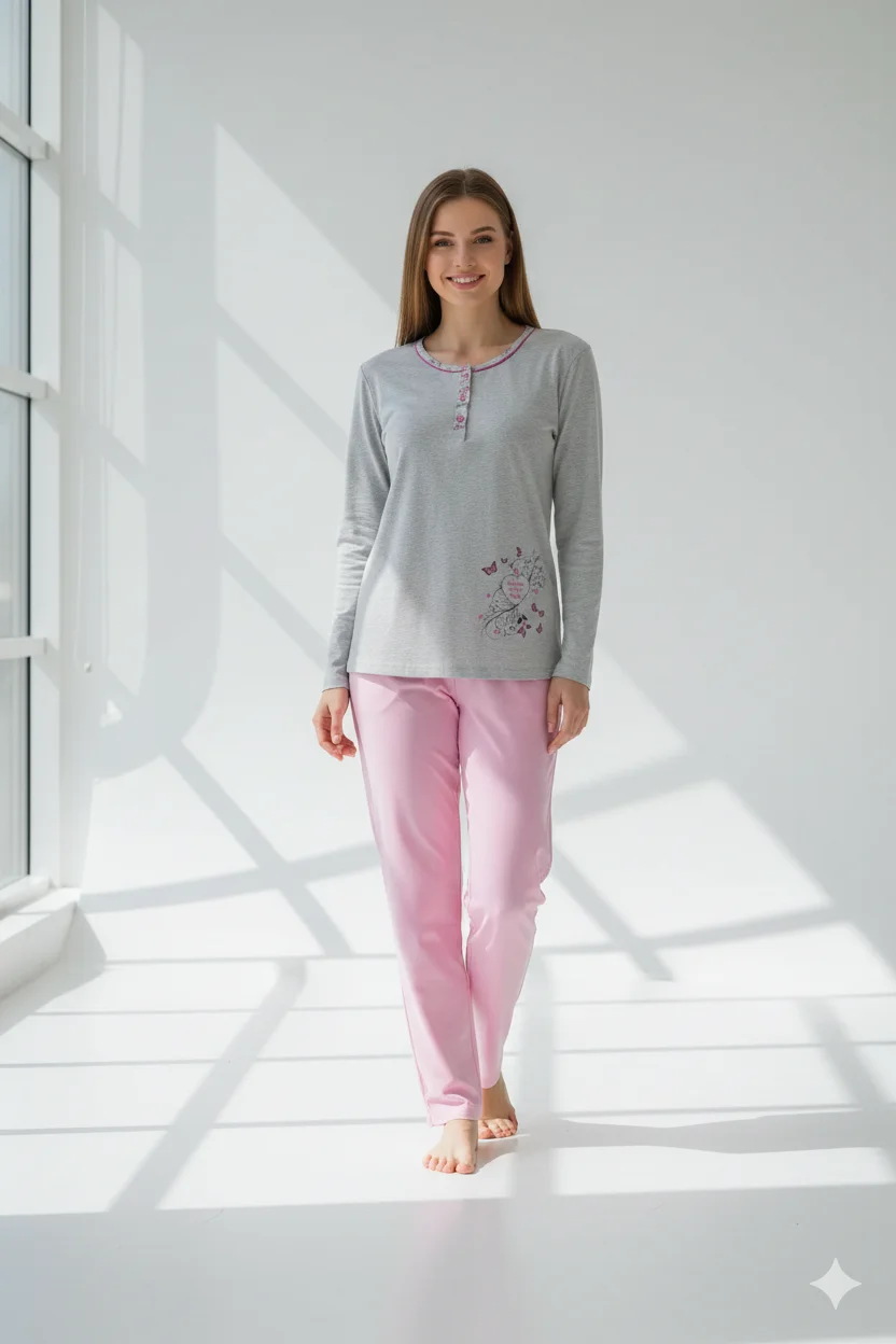 Pijama damă  din bumbac mânecă lungă și pantaloni lungi gri cu  floare