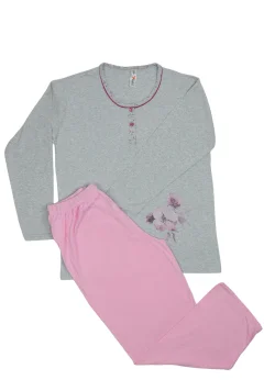 Pijama damă  din bumbac mânecă lungă și pantaloni lungi gri cu roz