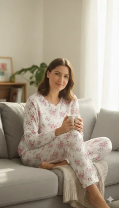 Pijama damă iarnă mărimi mari – albă cu imprimeu flori multicolore