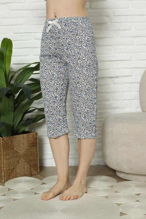 Pantaloni pijama damă 3/4, albastru, imprimeu inimi