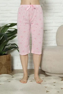 Pantaloni pijama damă 3/4, roz, imprimeu fundite