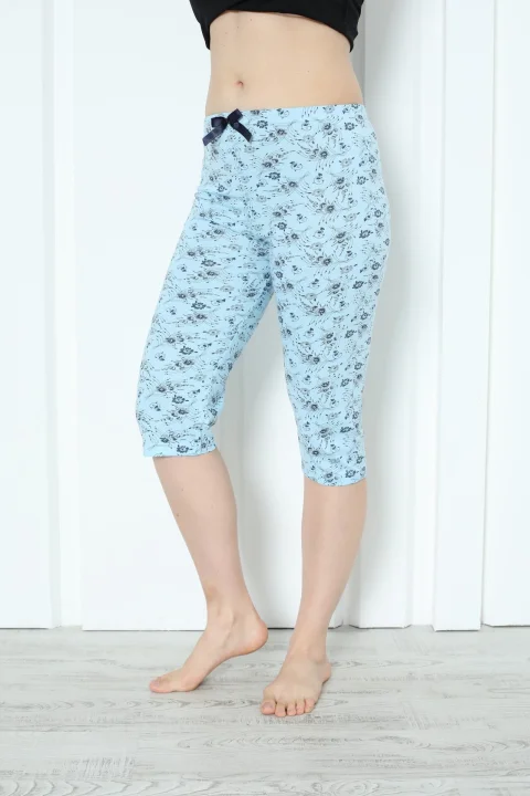 Pantaloni pijama damă 3/4, blue, imprimeu flori