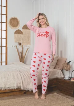 Pijama damă roz cu mânecă lungă și pantaloni lungi albi cu inimioare, imprimeu „Sweet Sleep”