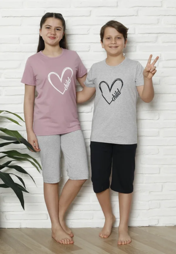 Pijama familie-copii, bumbac, mânecă scurtă și pantaloni 3/4, roz pudrat