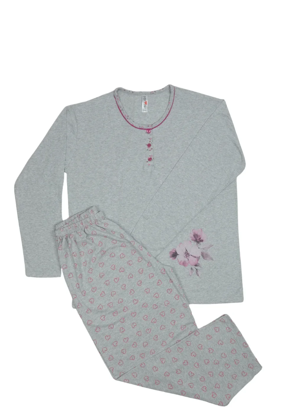 Pijama damă big size din bumbac mânecă lungă și pantaloni lungi gri cu inimioare