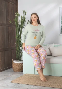 Pijama damă Big Size cu mânecă lungă și pantaloni lungi, bluza verde și pantaloni roz, imprimeu cu ananas