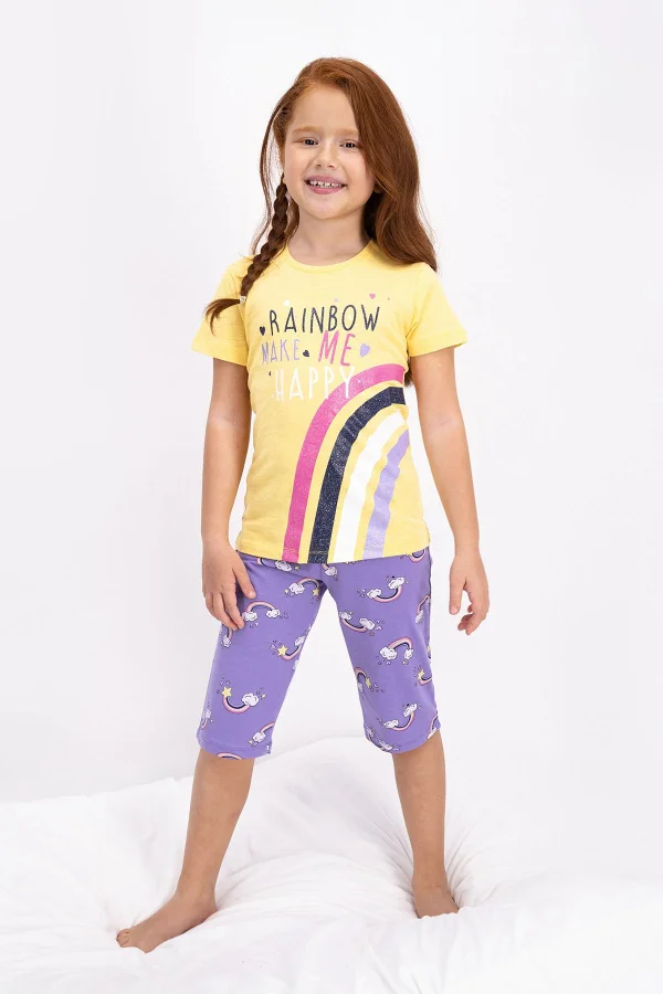 Pijama fetițe cu tricou și pantaloni trei sferturi, imprimeu curcubeu, Galben
