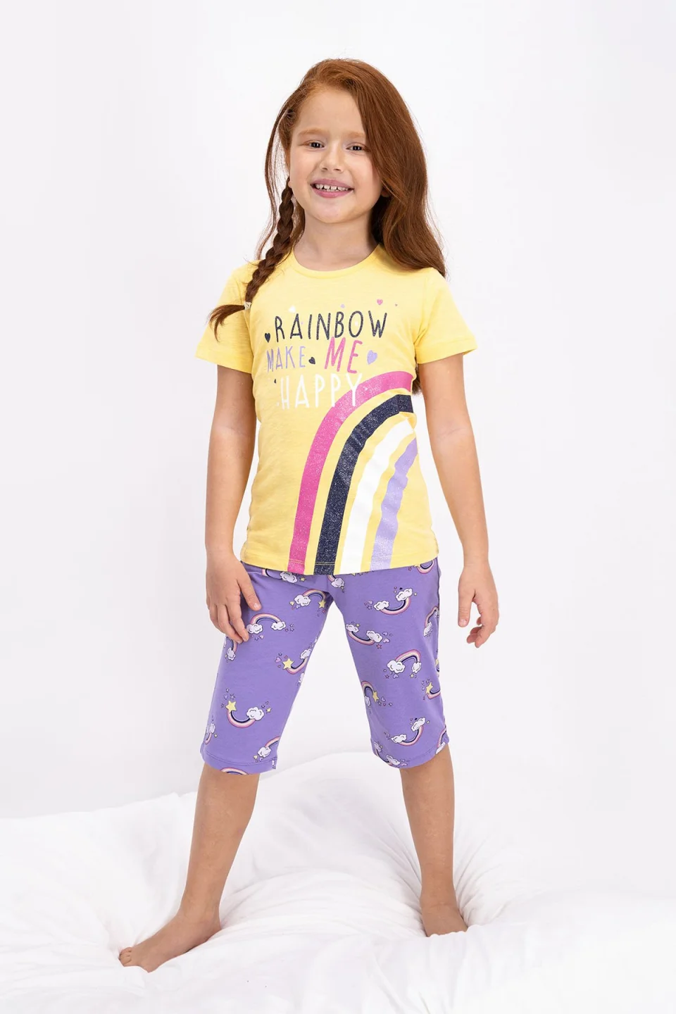 Pijama fetițe cu tricou și pantaloni trei sferturi, imprimeu curcubeu, Galben