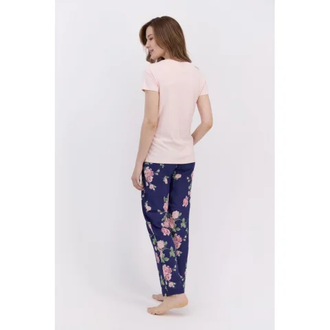 Pijama dama cu bluza maneca scurta si pantaloni lungi cu elastic in talie, imprimeu trandafiri