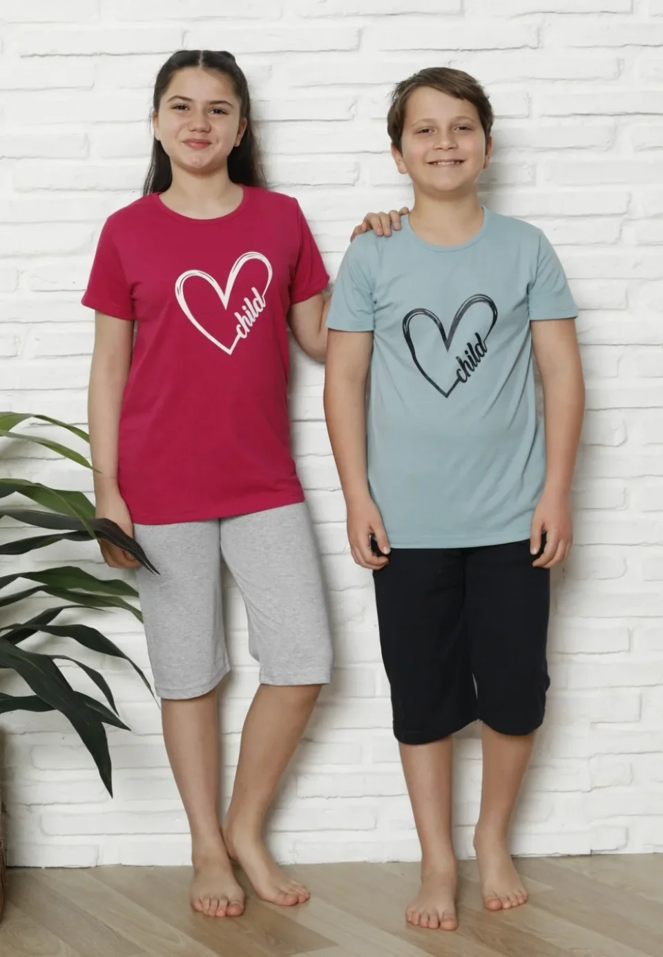 Pijama familie-copii, bumbac, mânecă scurtă și pantaloni 3/4, fucsia