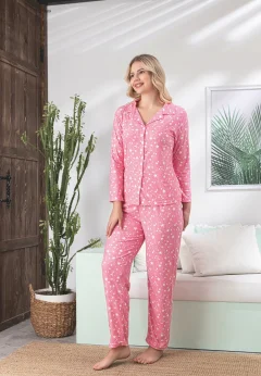 Pijama damă roz cu mânecă lungă și pantaloni lungi, imprimeu cu steluțe albe