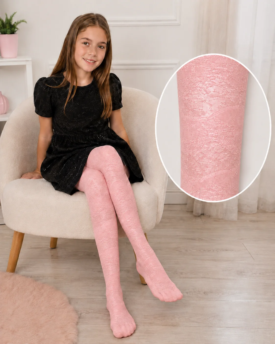 Dresuri fetițe Penti  Meri 20 den cu model delicat din dantelă,Roz