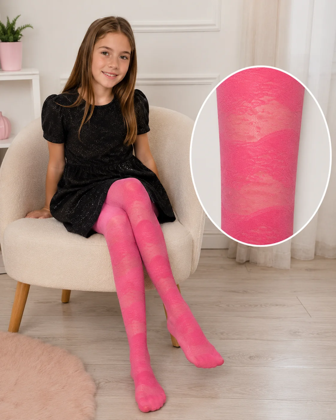 Dres fetite Meri 20 den cu model dantela ,Coral
